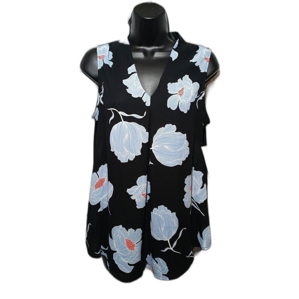 NWT Worthington Women's Sleeveless Blouse Size S Black Blue Floral Top